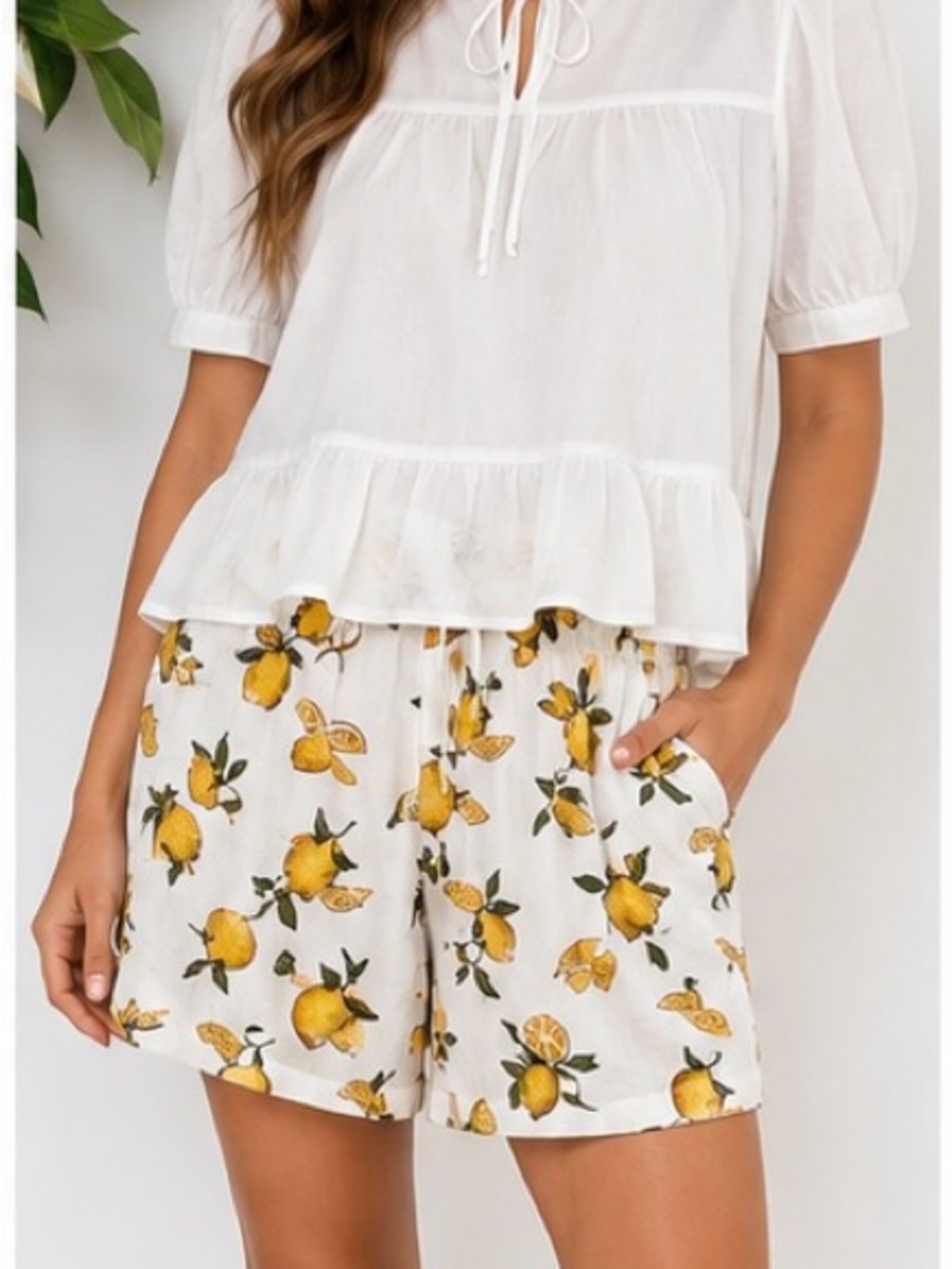 BaeVely Lemon Print Paperbag Shorts | Mediterranean Summer Resort Style | Size M